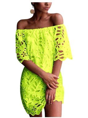 Pretty Garden Womens Med Neon Green Off-Shoulder Floral Lace Mini Dress Elegant